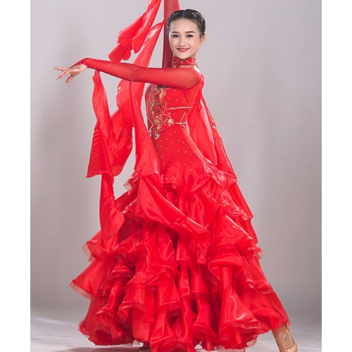 Black red fuchsia hot pink long sleeves competition stage performance professional long length women's female ballroom tango waltz dancing dresses